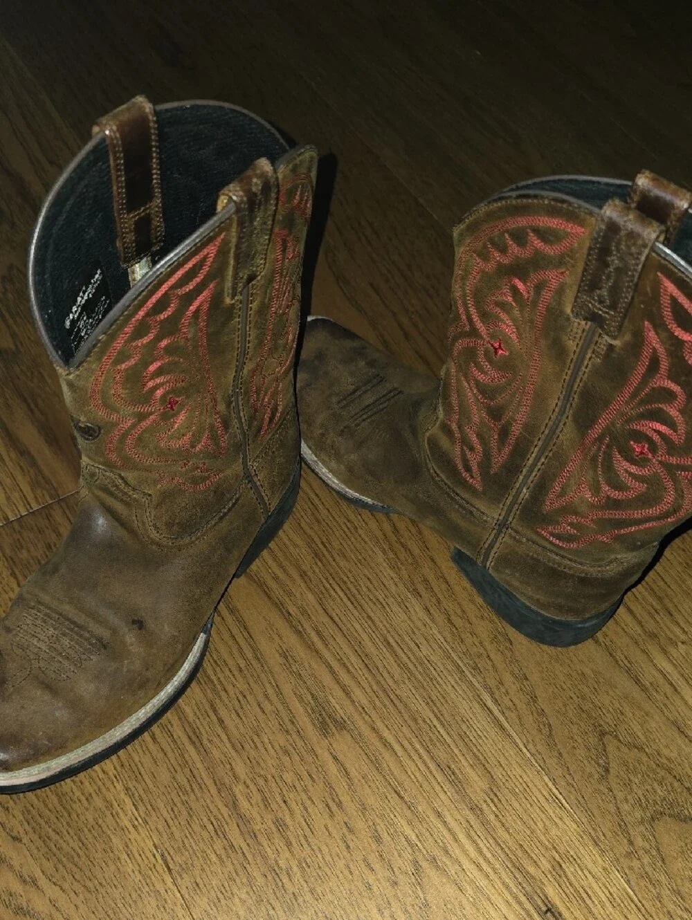 Ariat Kids Quick Draw Brown Cowboy Boots with Red Stitching Size 4